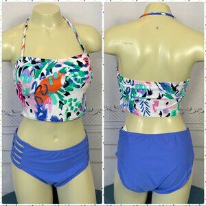 SO Size Large Juniors 2 Piece Swimsuit Halter Midkini High Waist Bottom New